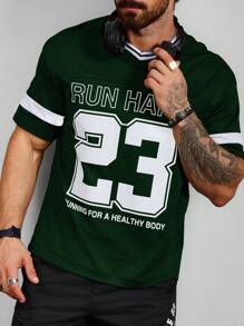 Manfinity Sport Corelite Boyfriend Style Men's Letter Stripe Printed V-Neck Short Sleeve Casual Sports T-Shirt Basic T Shirt  Basketball Jersey Boyfriend Style Men Boyfriend Style Men Hoodies,Back To School Workout Tops Gym Top Basketball Breathable