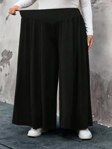 SHEIN CURVE+ 大码女式高腰针织休闲宽松阔腿裤 - 黑色 - 查看 5