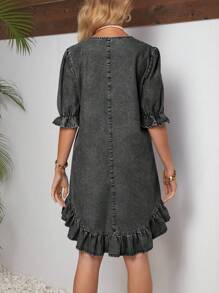 SHEIN LUNE 女士荷叶边领夏季牛仔连衣裙 - 灰色 - 查看 2