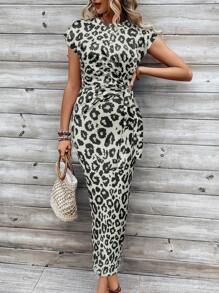 Chiquease All-Over Print Round Neck Twist Design Summer Short Sleeve Dress - Grey - View 5