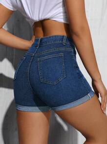SHEIN Tall Women Solid Color Simple Daily Mid-Rise Skinny Denim Shorts - Medium Wash - View 2