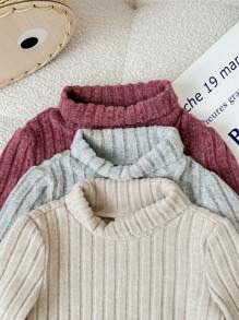 SHEIN 3 stks/set babymeisjes effen kleur gebreid shirt met hoge kraag en lange mouwen