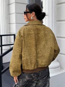 SHEIN EZwear Women's Solid Color Minimalist Daily Wear Lapel Long Sleeve PU Leather Jacket