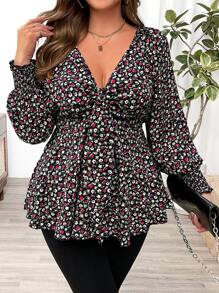 Flirla 大码褶皱收腰 A 字形灯笼袖碎花衬衫荷叶边上衣 - 黑色 - 查看 1