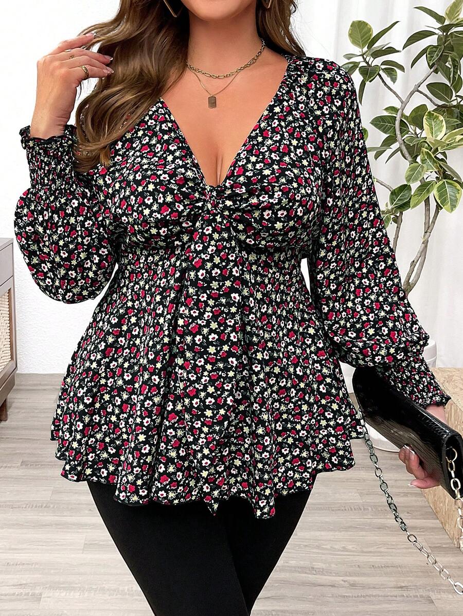 Flirla 大码褶皱收腰 A 字形灯笼袖碎花衬衫荷叶边上衣 - 黑色 - 查看 1