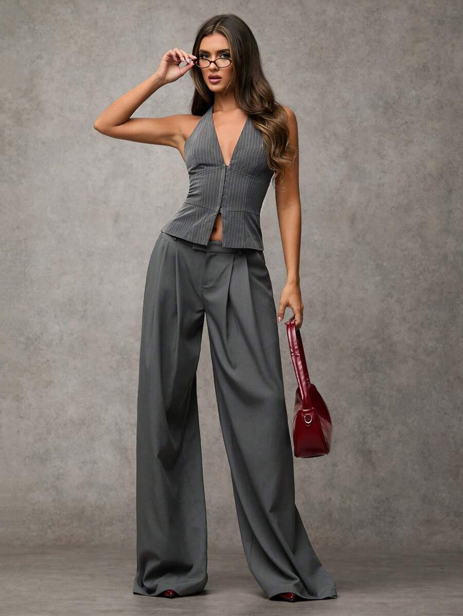 SHEIN BAE Women V-Neck Tied Neck Solid Color Casual Blazer Jacket Striped Suit Top Office Siren Old Money Style Teacher Outfits Fall Wear - Grey - View 1