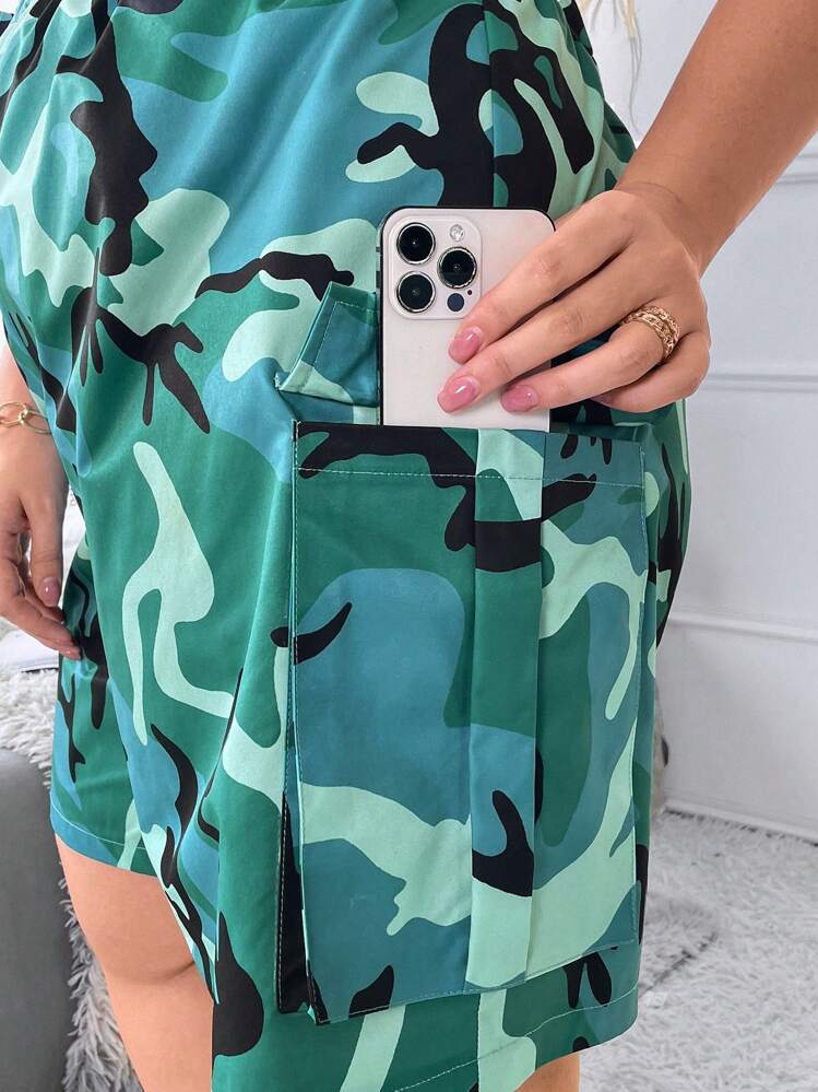 SHEIN CURVE+ Quần short ngụy trang có dây rút cỡ lớn dành cho nữ - màu xanh lá - Xem 8