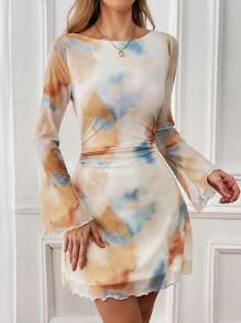 SHEIN Essnce 女士休闲时尚扎染印花长袖性感露背时尚迷你连衣裙约会晚礼服秋装秋季女士连衣裙 - 彩色 - 查看 2