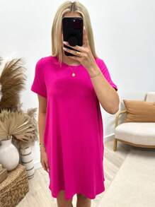 SHEIN SXY Vestido corto minimalista de cuello redondo y manga corta sólido para mujer, uso casual diario