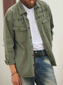 Manfinity Homme Men's Army Green Letter Print Loose Fit Shirt - Army Green - View 1