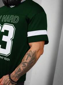 Manfinity Sport Corelite Boyfriend Style Men's Letter Stripe Printed V-Neck Short Sleeve Casual Sports T-Shirt Basic T Shirt  Basketball Jersey Boyfriend Style Men Boyfriend Style Men Hoodies,Back To School Workout Tops Gym Top Basketball Breathable