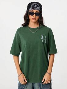 SHEIN EZwear 女士休闲基本款水洗刺绣百搭绿色 T 恤 - 軍綠色 - 查看 3