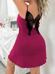 Plus Size Backless Butterfly Embroidery Nightgown - Hot Pink - View 2