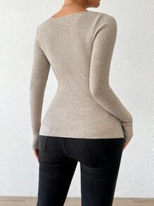 Chiquease Suéter de cuello redondo acanalado, elástico y ajustado para mujer, jersey de punto de otoño e invierno - Albaricoque - Ver 2