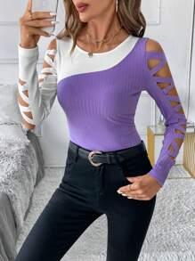 SHEIN Clasi 女士优雅紫白蜡染镂空设计 T 恤 - 彩色 - 查看 4