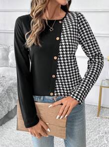 SHEIN Clasi Áo thun nữ cổ tròn tay dài họa tiết Houndstooth chắp vá mùa xuân/hè trang trí nút thường ngày đông thu quần áo nữ lễ tạ ơn halloween quần áo đi làm về quê cho nữ áo phông đêm hẹn hò - Đen và trắng - Xem 4