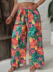 SHEIN VCAY Pantalones palazzo anchos informales de talla grande con estampado tropical - Multicolor - Ver 3