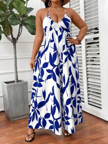 SHEIN VCAY 大码波西米亚风挂脖系带阔腿连体裤，适合夏季 - 藏蓝色 - 查看 3