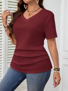 EMERY ROSE Plus Size V-hals Abrikoos Casual Lente & Zomer T-shirt