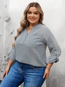 SHEIN LUNE Plus Size Women's Black & White Plaid V-Neck Long Sleeve Blouse Professional Tops Women Tops Plaid Women Shirts Fall Clothes Clothes Business Casual Woman Work Blouse Business Blouse