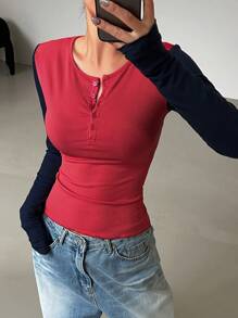 DAZY Nữ Xuân Thu Colorblock Nút Nửa Túi Tay Dài Có Gân Slim Fit Áo Thun - Nhiều màu - Xem 8