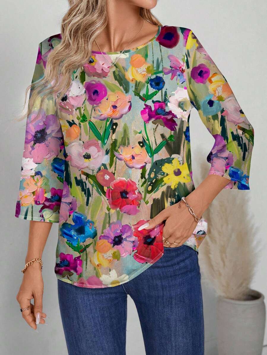 EMERY ROSE Women's Casual Simple All-Over Printed Long Sleeve Blouse - Pink - View 1