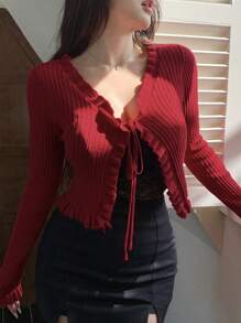 Joudiya 女士情人节荷叶边红色开衫，秋装 - 紅色 - 查看 1