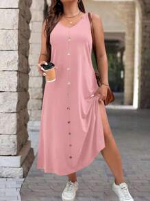 SHEIN LUNE Vestido casual de verano para mujer de talla grande, unicolor, con decoración de botones y cuello en V sin mangas - Rosa - Ver 1