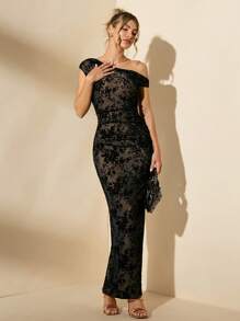 SHEIN BAE Vestido ajustado negro asimétrico con fruncido para mujer, vestido de verano descubierto del hombro, vestido largo de otoño