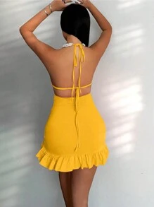 Zolique Women's Sexy Solid Color Ruffle Hem Backless Halter Dress, Summer