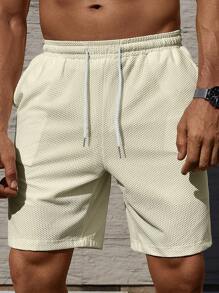 Manfinity Homme Men Solid Color Jacquard Knit Elastic Waist Shorts - Beige - View 8