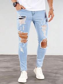 Manfinity Homme Men Pocket Ripped Casual Denim Skinny Trousers