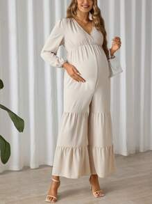 SHEIN Women's Solid Color Simple Daily V-Neck Long Sleeve Jumpsuit, For Maternity - Apricot - View 5