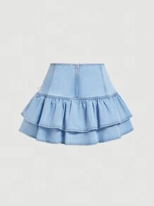 SHEIN MOD 女士夏季牛仔短裙，蝴蝶結裝飾和荷葉邊設計 - 淺色水洗藍 - 查看 2