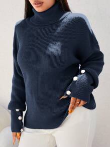 EURMUSE Plus Turtleneck Drop Shoulder Button Detail Sweater, For Winter - Blue - View 5