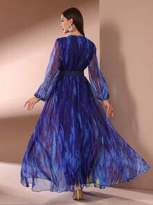 Women V-Neck Simple Daily Long Mesh Sleeve Dress (Floral Pattern Randomly Cut) - Blue - View 2