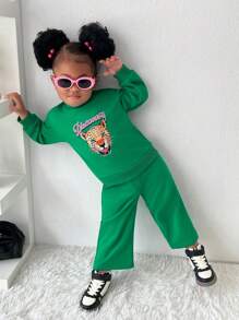 SHEIN Explorewe Baby Girl 2pcs/Set Green Leopard Print Street Fashion Casual Sporty Outfit - Multicolor - View 1