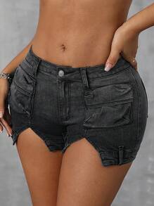 SHEIN SXY Pantalones cortos de mezclilla sencillos con botón delantero y bolsillo, de uso diario y casual para mujer