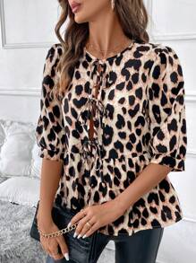 SHEIN Clasi Women Leopard Print Ruffle Hem Round Neck Casual Winter Fall Women Clothes Thanksgiving Halloween Women Homecoming Work Clothes Date Night Shirt - Brown - View 6