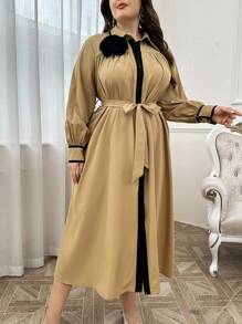 Modelyn Plus Size Casual Belted Long Sleeve Dress, Maxi Long Dress For Casual Daily/Vacation/Holiday/Evening Parties/Wedding Guest Long Evening Dresses