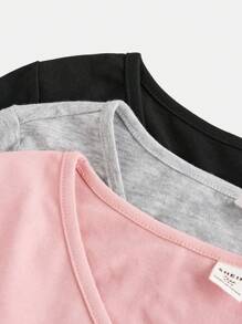 SHEIN Girlism 3 件套青少年女孩 V 领褶皱短袖纯色 T 恤