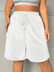 Flirla Short à cordon de serrage simple en couleur unie pour femme grande taille, usage quotidien - Blanc - Voir 3