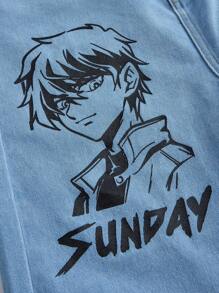 SHEIN Ropa casual de moda para chico adolescente, diseño de patrón de personaje de dibujos animados azul cómodo y suelto, vaqueros y ropa diaria y de vuelta al colegio para niño - Azul - Ver 3