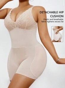 1pc Plus Size Women High Elastic Lace Patchwork Bodysuit Slimming Shapewear - Apricot - View 3