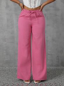 SHEIN SXY 女士休闲纯色阔腿牛仔裤 - 粉色 - 查看 1
