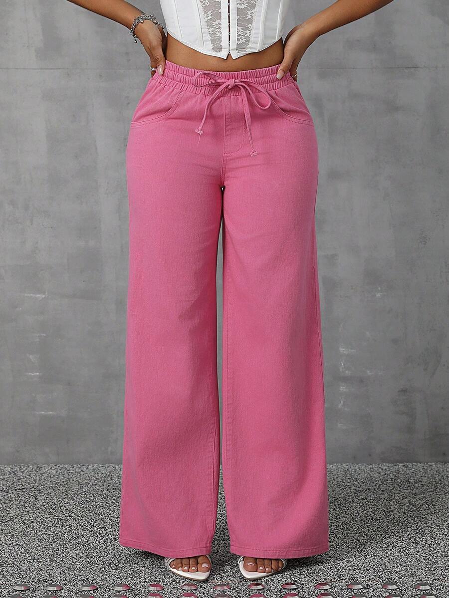 SHEIN SXY 女士休闲纯色阔腿牛仔裤 - 粉色 - 查看 1