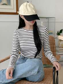 DAZY 女士休闲条纹保暖T恤，秋冬长袖女式上衣，保暖内衬 - 黑與白 - 查看 2