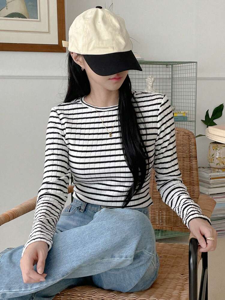 Women's Casual Striped Thermal Lined Warm T-Shirt, Autumn/Winter Long Sleeve Women Tops,Thermal Lined