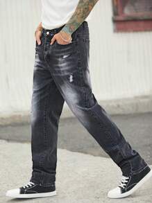 Manfinity Homme Men Casual Vintage Style Black Denim Loose Straight Jeans - Black - View 3