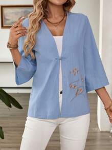 EMERY ROSE Linen Embroidered Casual Jacket For Women - Blue - View 6